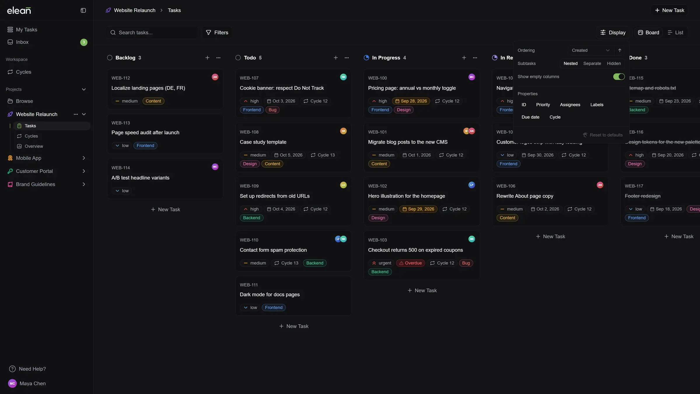 The Display menu open over the board, with ordering, subtasks, empty columns and visible properties