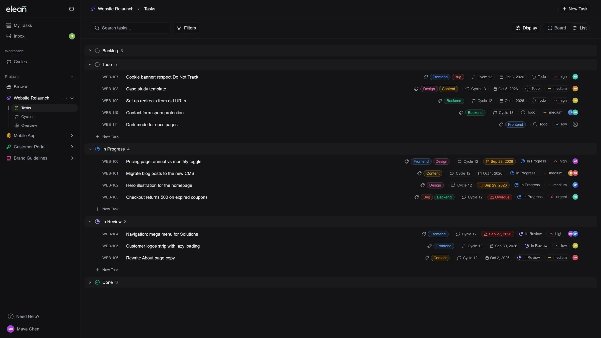 The new List view: tasks grouped by status, with labels, cycle, due date, priority and assignees on each row