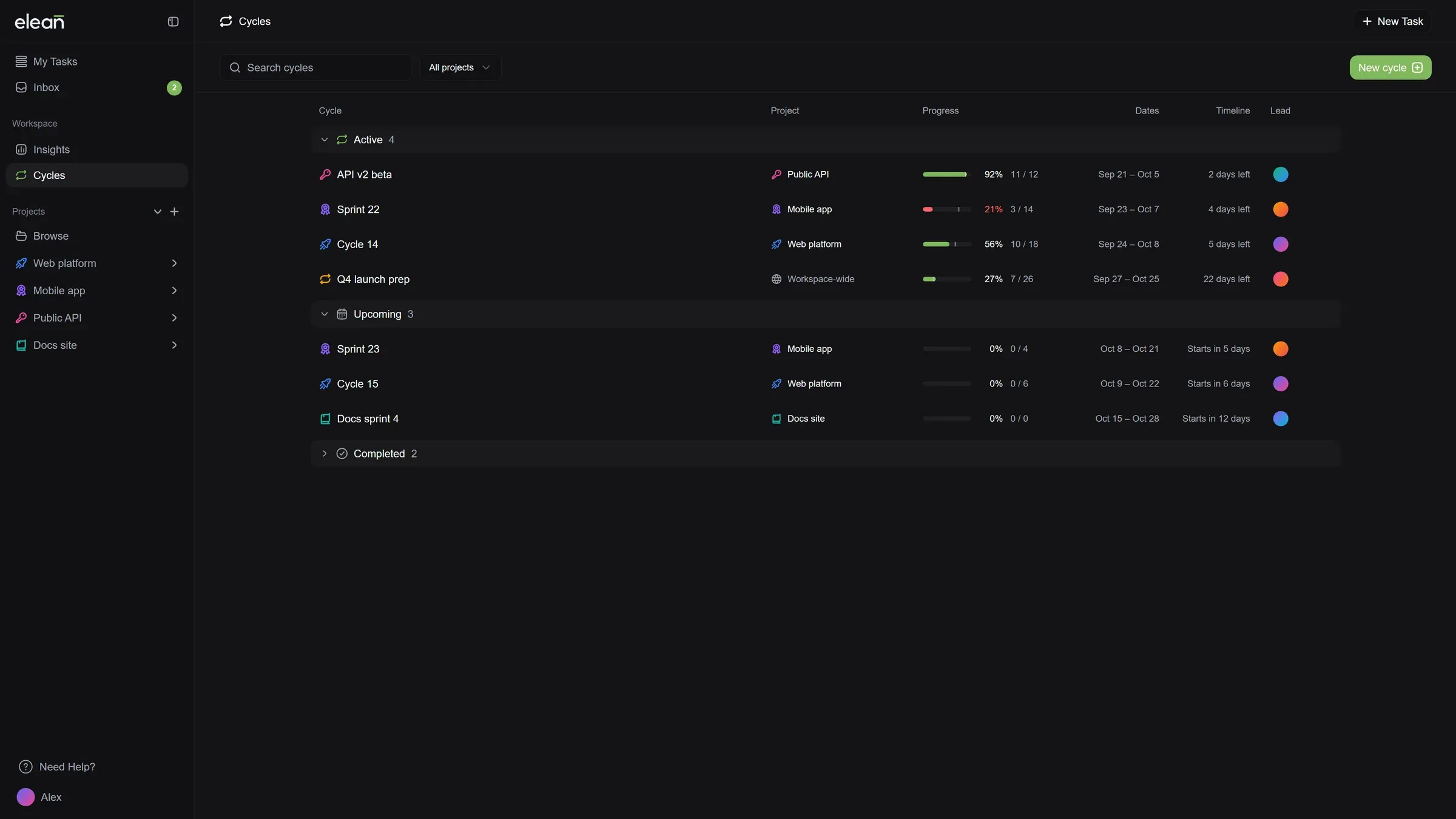 The Cycles page: active cycles with their projects, progress and days left, upcoming cycles, and completed ones