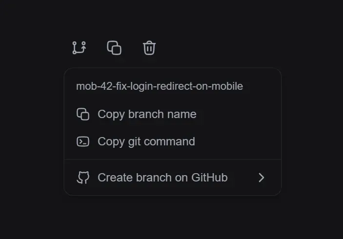The branch menu on a task: copy the branch name, copy the git command, or create the branch on GitHub