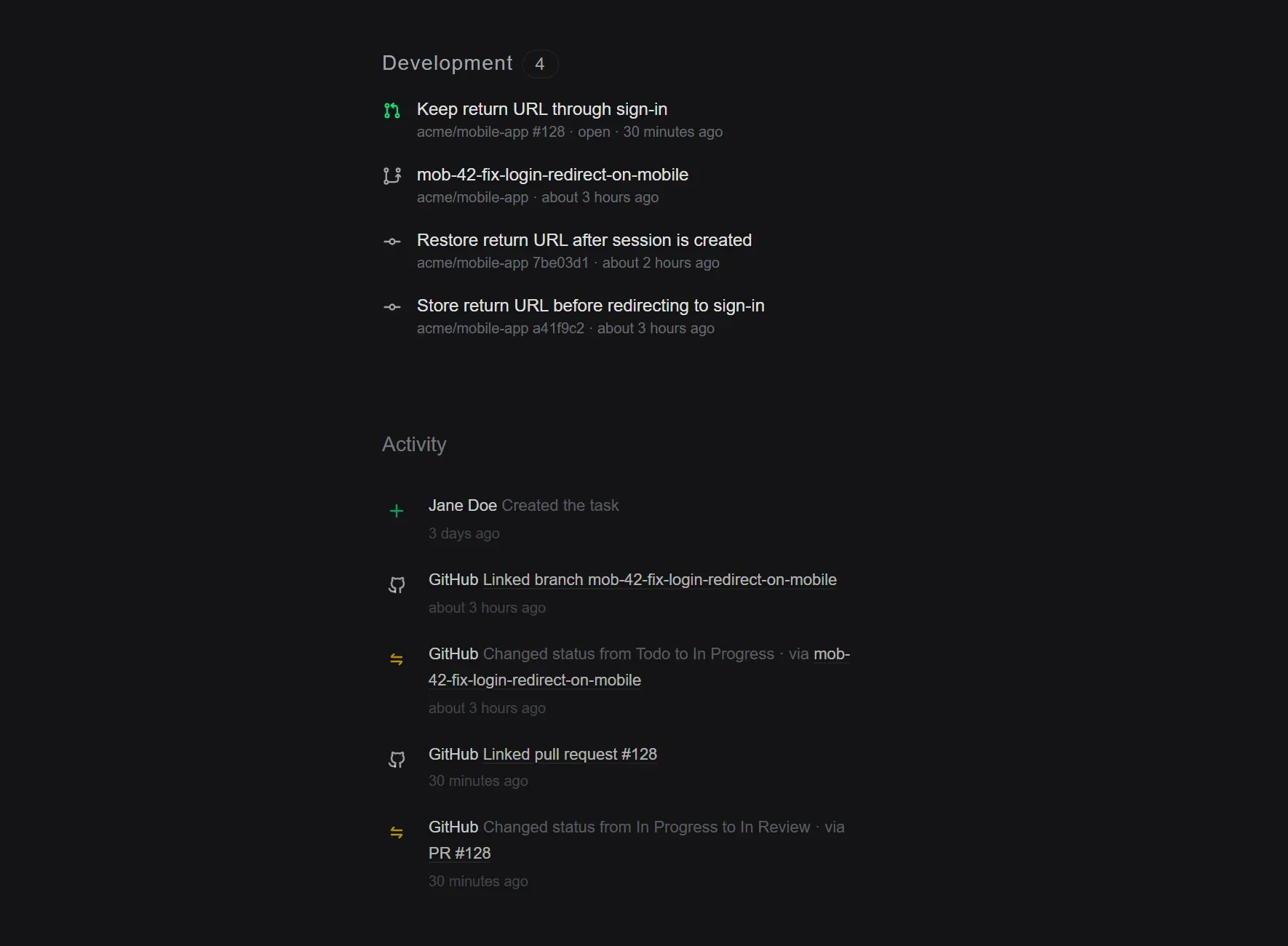 A task’s Development section with its pull request, branch and commits, and GitHub updates in its activity