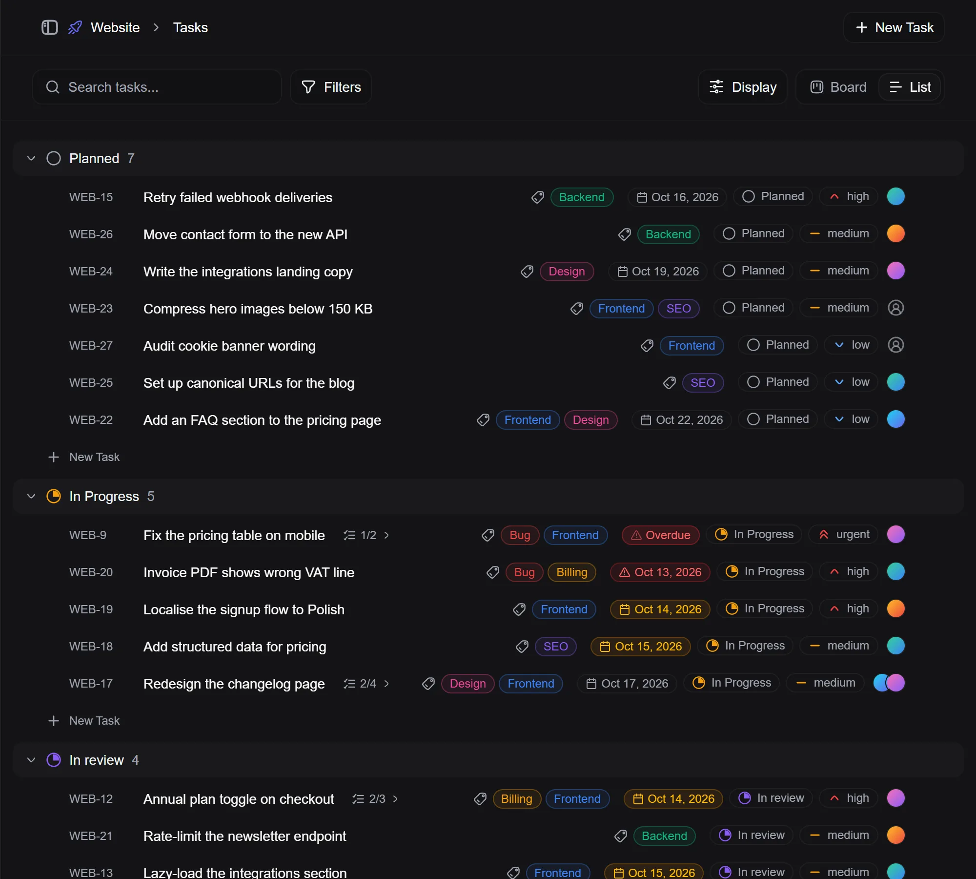 Task list grouped by status